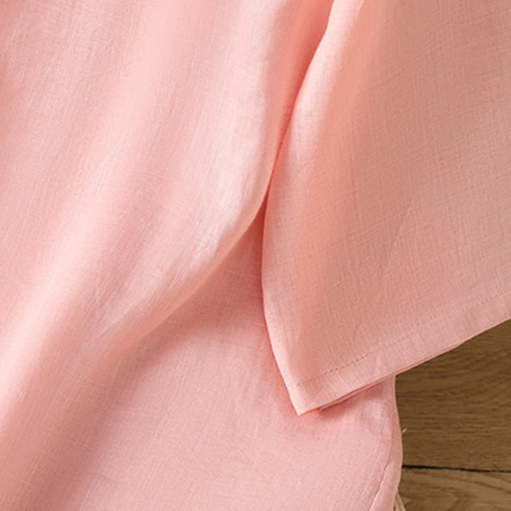 Buddha Stones Casual Women's Flowers Leaves Embroidery Pattern Frog-Button Crew Neck Design Half Sleeve Cotton Linen Shirt - image 11