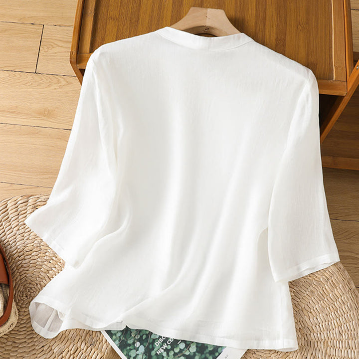 Buddha Stones Casual Women's Flowers Leaves Embroidery Pattern Frog-Button Crew Neck Design Half Sleeve Cotton Linen Shirt - image 14