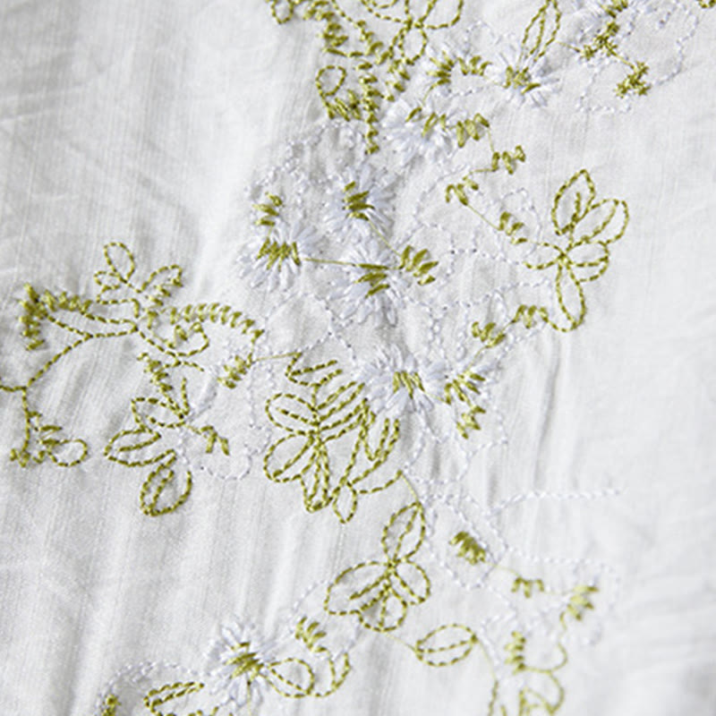 Buddha Stones Casual Women's Flowers Embroidery Pattern Frog-button Slanted Collar Design Three Quarter Sleeve Cotton Linen Shirt - image 3