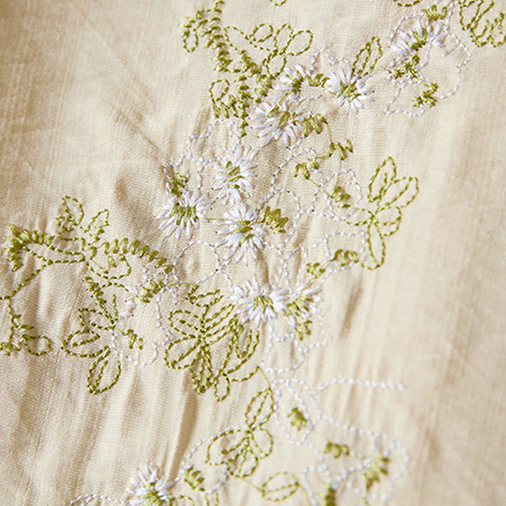 Buddha Stones Casual Women's Flowers Embroidery Pattern Frog-button Slanted Collar Design Three Quarter Sleeve Cotton Linen Shirt - image 11