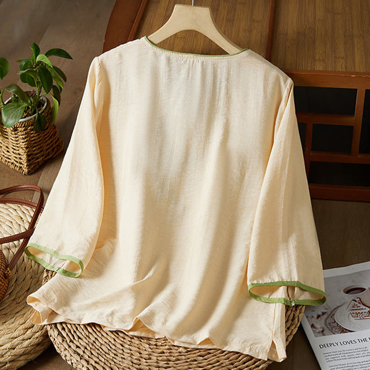 Buddha Stones Casual Women's Flowers Embroidery Pattern Frog-button Slanted Collar Design Three Quarter Sleeve Cotton Linen Shirt - image 7