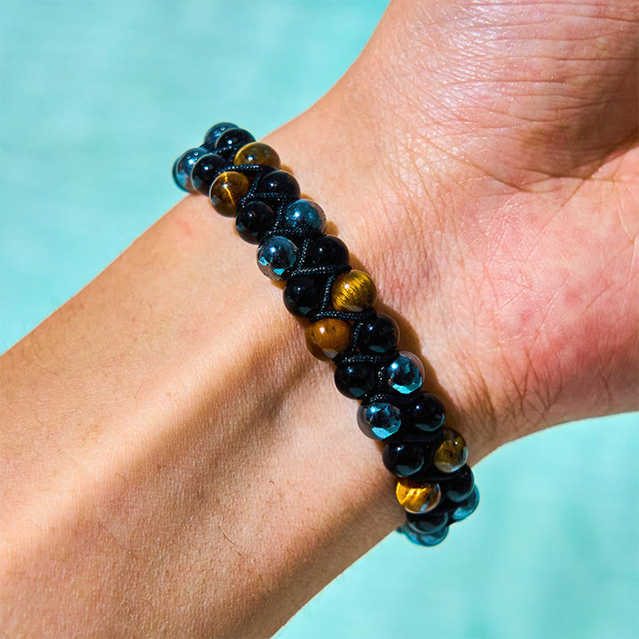 Buddha Stones 3Pcs Black Onyx Tiger Eye African Bloodstone Protection Support Set