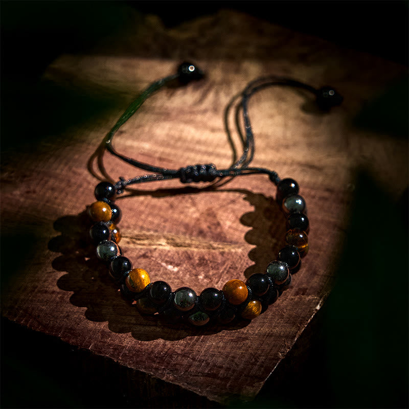 Buddha Stones 3Pcs Black Onyx Tiger Eye African Bloodstone Protection Support Set