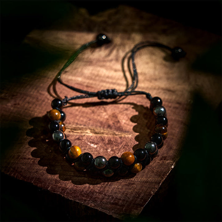 Buddha Stones 3Pcs Black Onyx Tiger Eye African Bloodstone Protection Support Set
