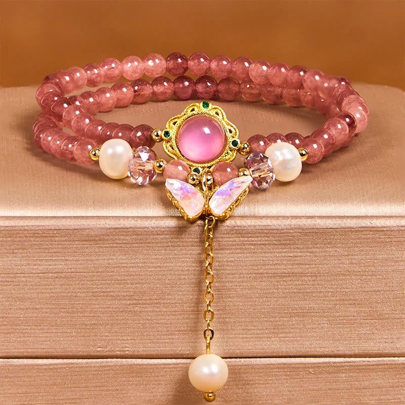Buddha Stones Natural Strawberry Quartz Pearl Butterfly Water Drop Positive Double Wrap Bracelet