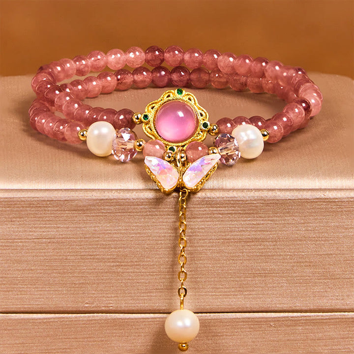 Buddha Stones Natural Strawberry Quartz Pearl Butterfly Water Drop Positive Double Wrap Bracelet