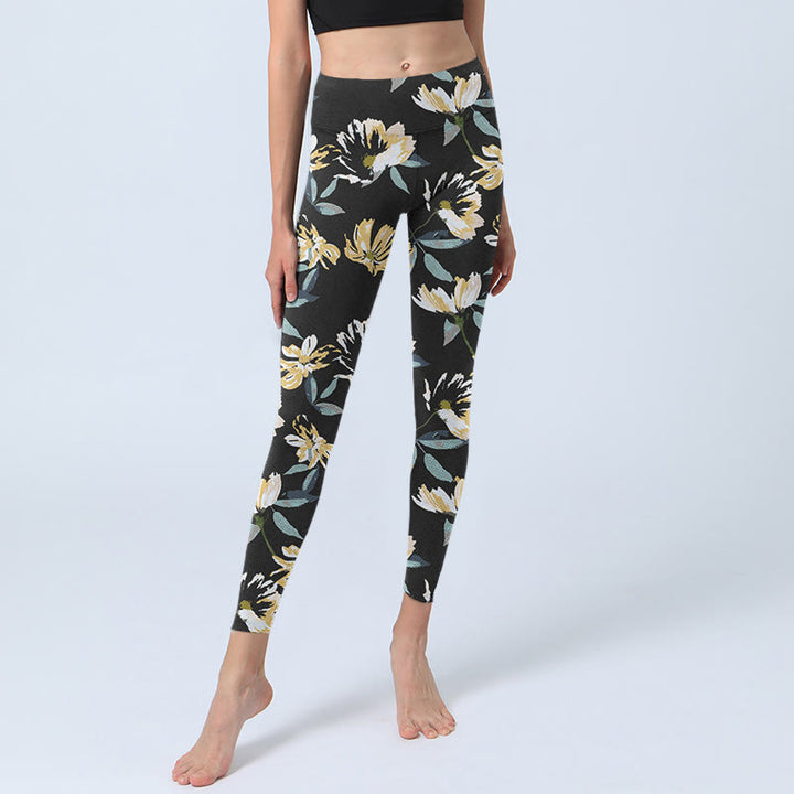Buddha Stones Yellow White Flower Pattern Print Gym Leggings Women's Yoga Pants - image 5