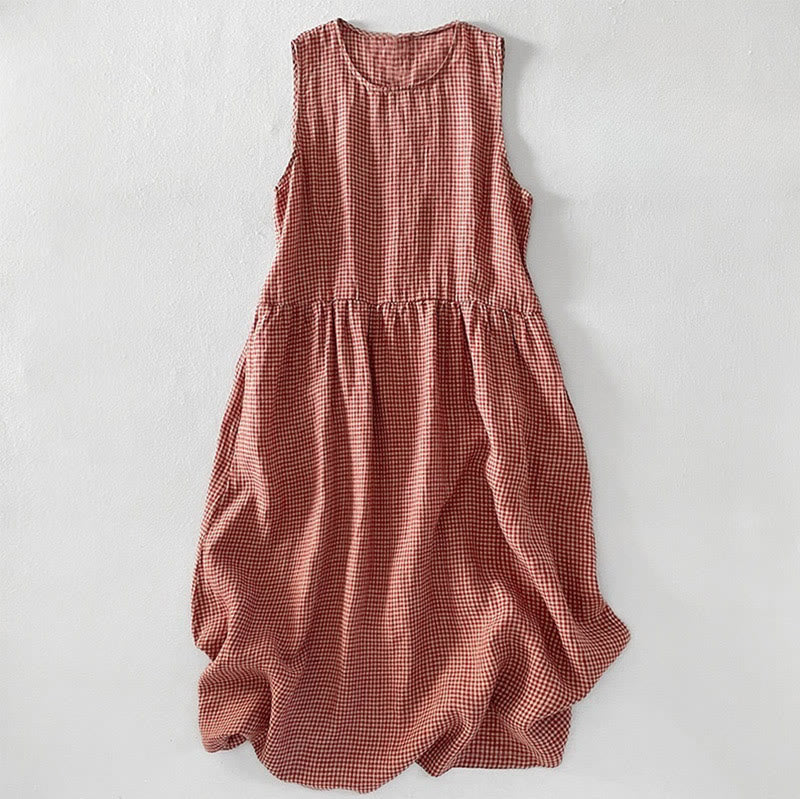 Buddha Stones Casual Plain Handmade Plaid Midi Dress Cotton Sleeveless Dress With Pockets - DarkSalmon - US14，UK/AU18，EU46 (2XL) - image 1