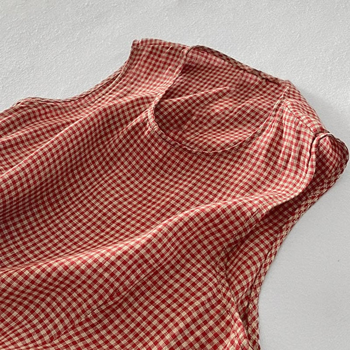 Buddha Stones Casual Plain Handmade Plaid Midi Dress Cotton Sleeveless Dress With Pockets - image 6