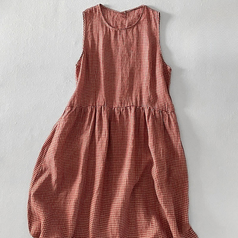 Buddha Stones Casual Plain Handmade Plaid Midi Dress Cotton Sleeveless Dress With Pockets - image 2
