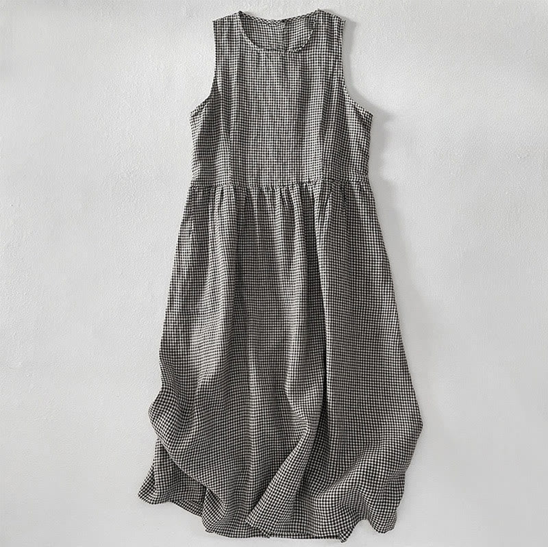 Buddha Stones Casual Plain Handmade Plaid Midi Dress Cotton Sleeveless Dress With Pockets - DimGray - US14，UK/AU18，EU46 (2XL) - image 10
