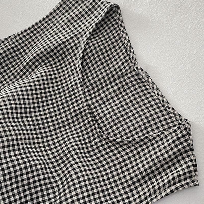 Buddha Stones Casual Plain Handmade Plaid Midi Dress Cotton Sleeveless Dress With Pockets - image 15