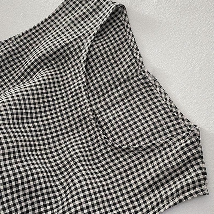 Buddha Stones Casual Plain Handmade Plaid Midi Dress Cotton Sleeveless Dress With Pockets - image 15