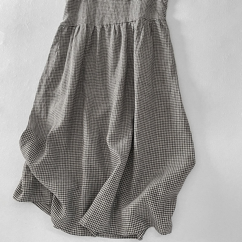 Buddha Stones Casual Plain Handmade Plaid Midi Dress Cotton Sleeveless Dress With Pockets - image 12
