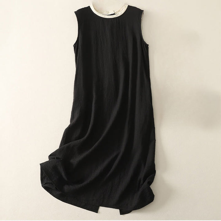 Buddha Stones Casual Stitching Color Handmade Button Design Midi Dress Polyester Sleeveless Dress With Pockets - Black - US8-10，UK/AU12-14，EU40-42 (2XL) - image 0
