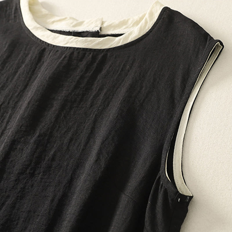 Buddha Stones Casual Stitching Color Handmade Button Design Midi Dress Polyester Sleeveless Dress With Pockets - image 1