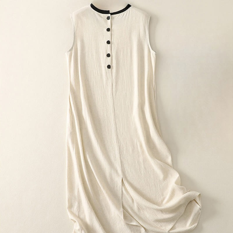 Buddha Stones Casual Stitching Color Handmade Button Design Midi Dress Polyester Sleeveless Dress With Pockets - image 6