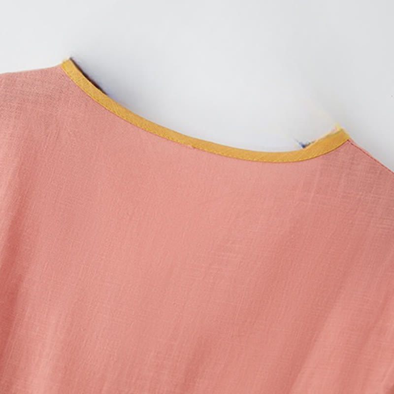 Buddha Stones Summer Casual Stitching Color Lace-up Design V-Neck Short Sleeve Midi Dress - image 3