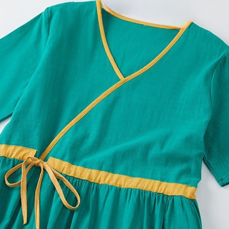 Buddha Stones Summer Casual Stitching Color Lace-up Design V-Neck Short Sleeve Midi Dress - image 10