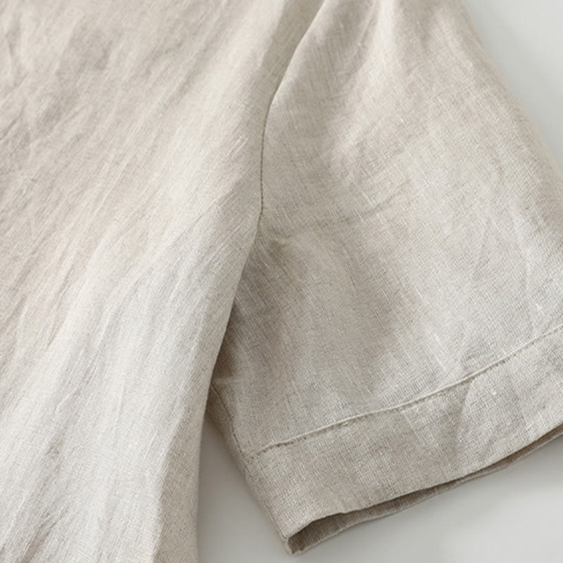 Buddha Stones Summer Casual Plain Design V-Neck Short Sleeve Cotton Linen Midi Dress With Pockets - image 5