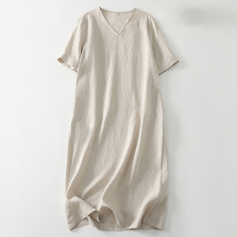 Buddha Stones Summer Casual Plain Design V-Neck Short Sleeve Cotton Linen Midi Dress With Pockets - Beige - US8-10，UK/AU12-14，EU40-42 (2XL) - image 0