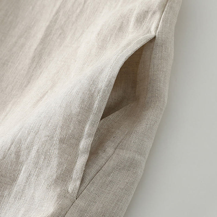 Buddha Stones Summer Casual Plain Design V-Neck Short Sleeve Cotton Linen Midi Dress With Pockets - image 6