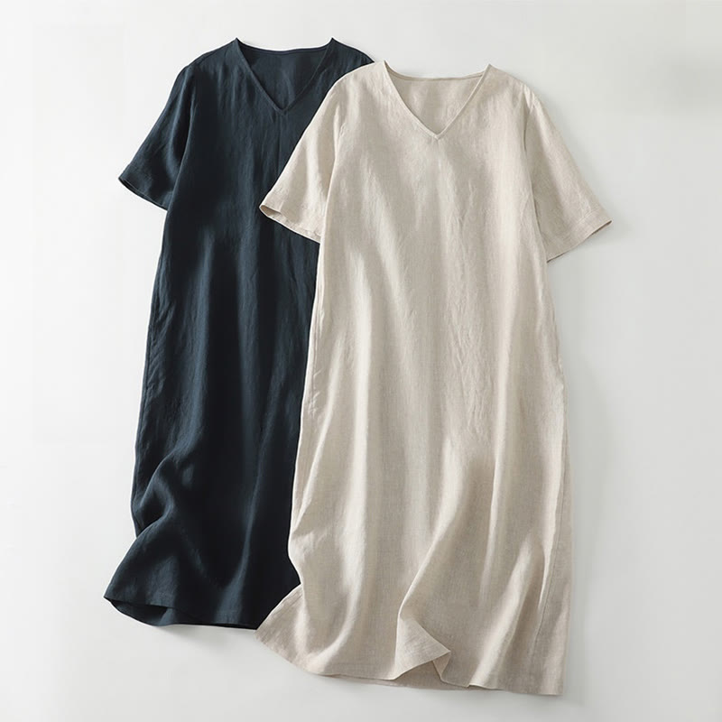 Buddha Stones Summer Casual Plain Design V-Neck Short Sleeve Cotton Linen Midi Dress With Pockets - image 14