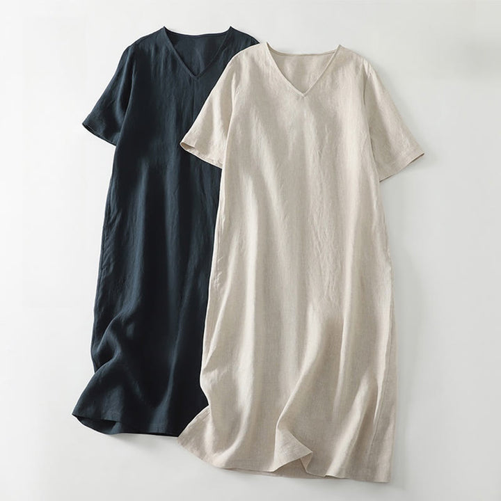 Buddha Stones Summer Casual Plain Design V-Neck Short Sleeve Cotton Linen Midi Dress With Pockets - image 14