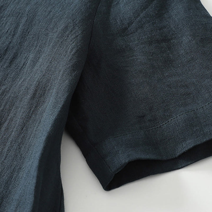 Buddha Stones Summer Casual Plain Design V-Neck Short Sleeve Cotton Linen Midi Dress With Pockets - image 11