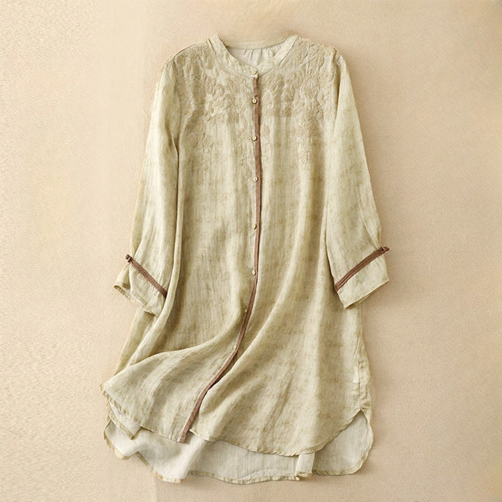 Buddha Stones Summer Casual Embroidered Stand Collar Design Three Quarter Sleeve Midi Dress - LemonChiffon - US8-10，UK/AU12-14，EU40-42 (2XL) - image 7