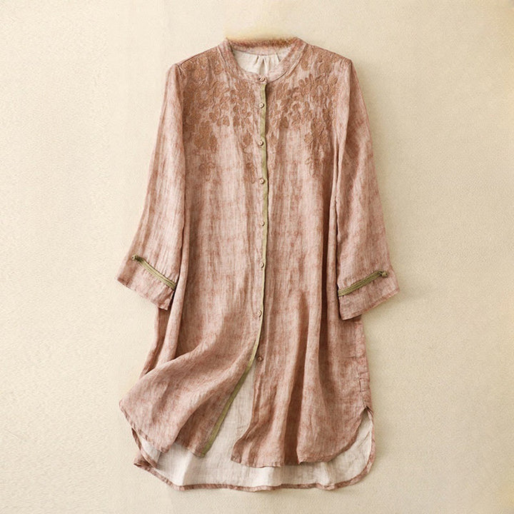 Buddha Stones Summer Casual Embroidered Stand Collar Design Three Quarter Sleeve Midi Dress - Pink - US8-10，UK/AU12-14，EU40-42 (2XL) - image 18