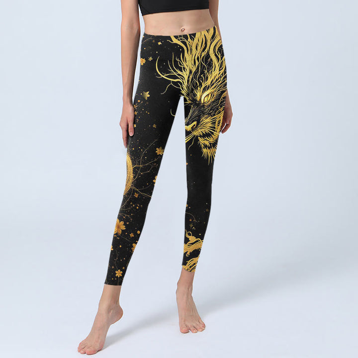 Buddha Stones Golden Dragon Pattern Print Gym Leggings Women's Yoga Pants - image 5