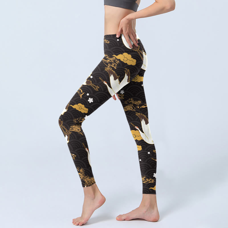 Buddha Stones Golden Auspicious Cloud Pine Branch Crane Wave Pattern Print Gym Leggings Women's Yoga Pants - image 2