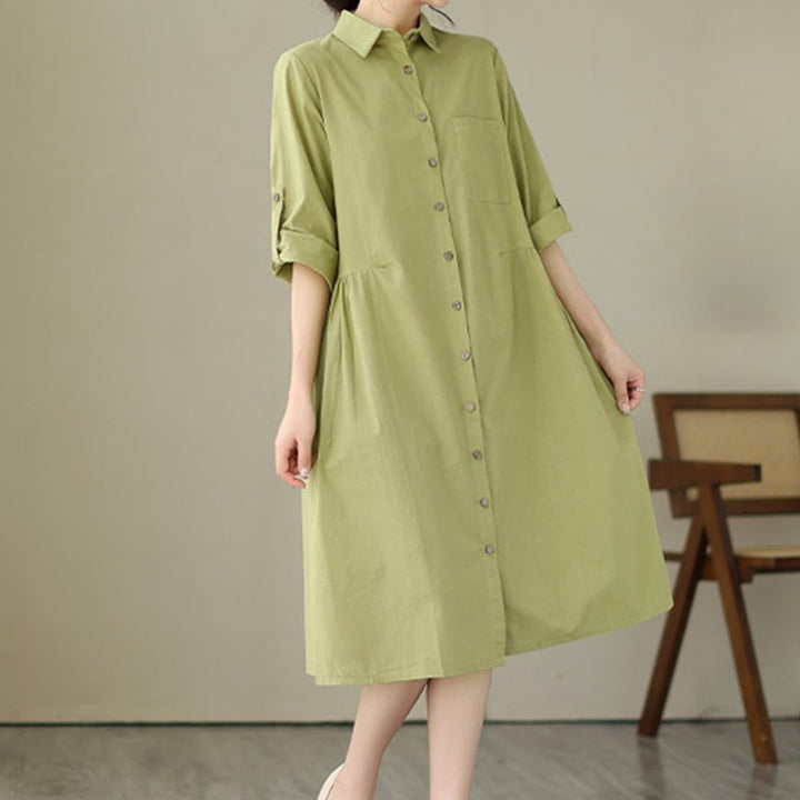 Buddha Stones Summer Casual Plain Buttons Stand Collar Design Three Quarter Sleeve Acrylic Cardigan Midi Dress With Pockets - image 2