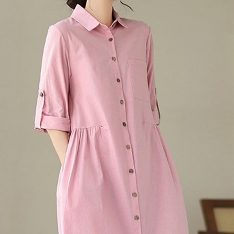 Buddha Stones Summer Casual Plain Buttons Stand Collar Design Three Quarter Sleeve Acrylic Cardigan Midi Dress With Pockets - image 15