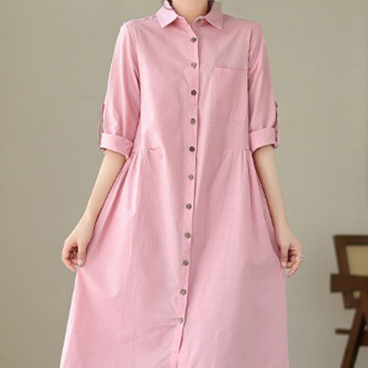 Buddha Stones Summer Casual Plain Buttons Stand Collar Design Three Quarter Sleeve Acrylic Cardigan Midi Dress With Pockets - image 14