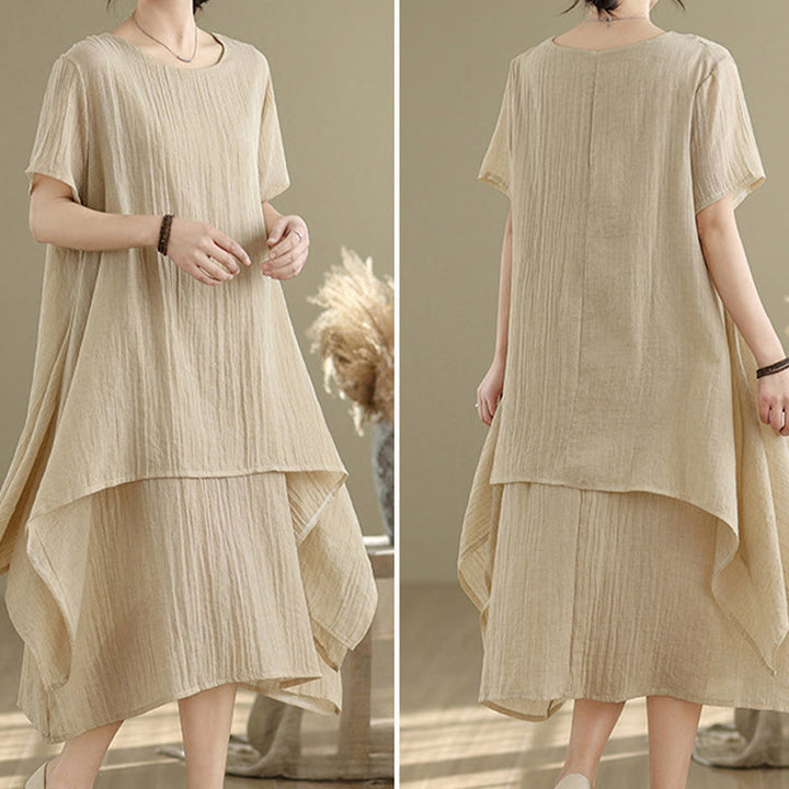 Buddha Stones Summer Casual Plain Design Crew Neck Short Sleeve Cotton Linen Blended Double Layer Midi Dress - image 2
