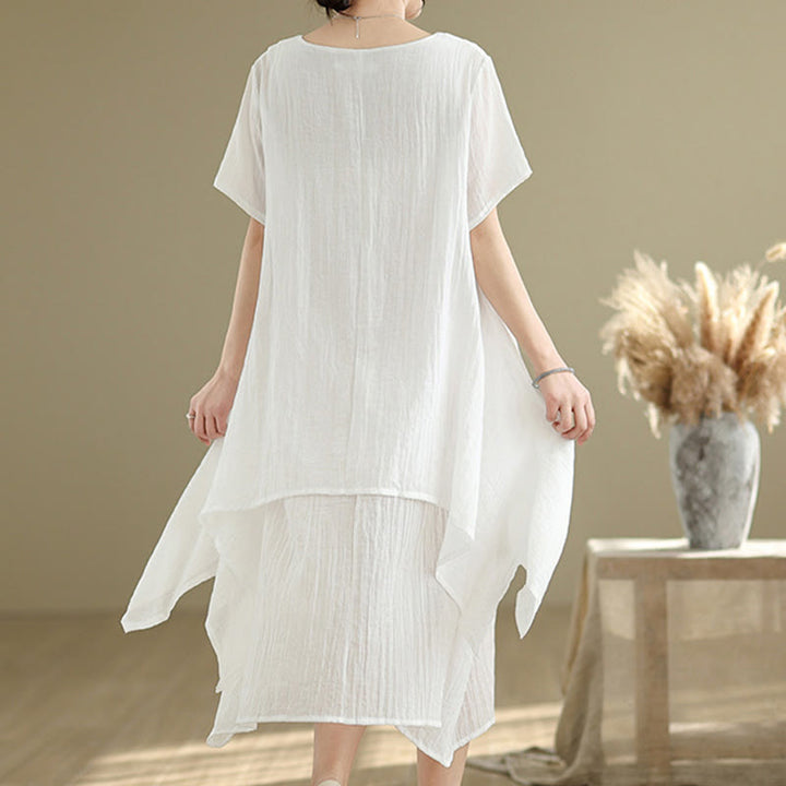 Buddha Stones Summer Casual Plain Design Crew Neck Short Sleeve Cotton Linen Blended Double Layer Midi Dress - image 11
