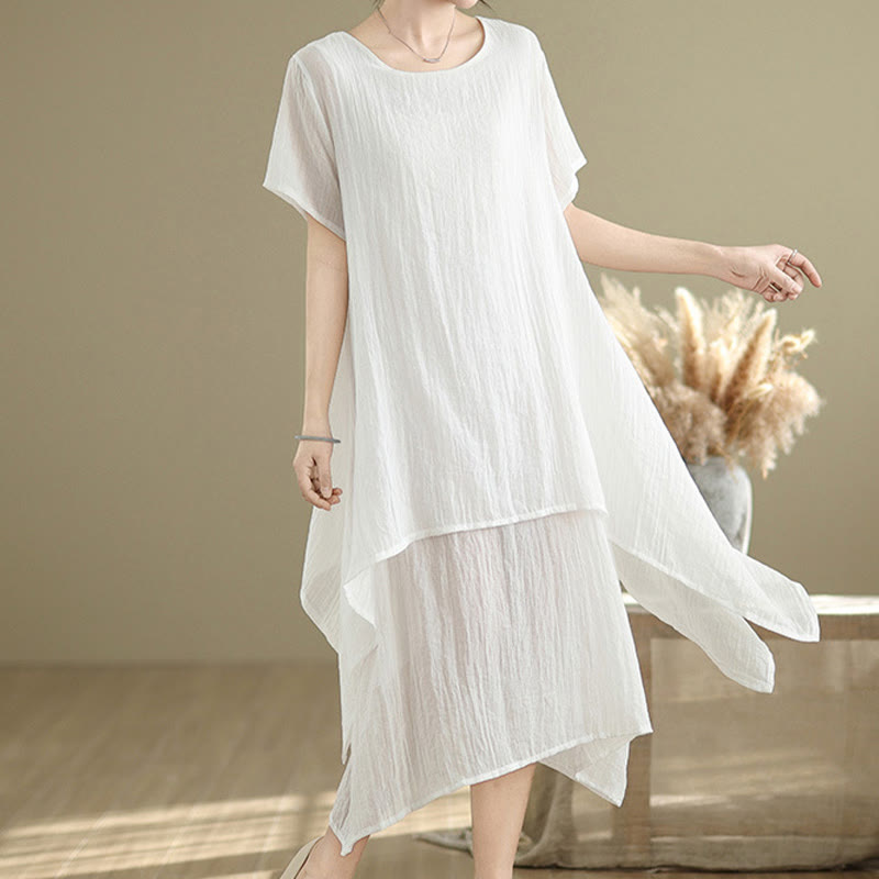 Buddha Stones Summer Casual Plain Design Crew Neck Short Sleeve Cotton Linen Blended Double Layer Midi Dress - White - US8-10，UK/AU12-14，EU40-42 (2XL) - image 9