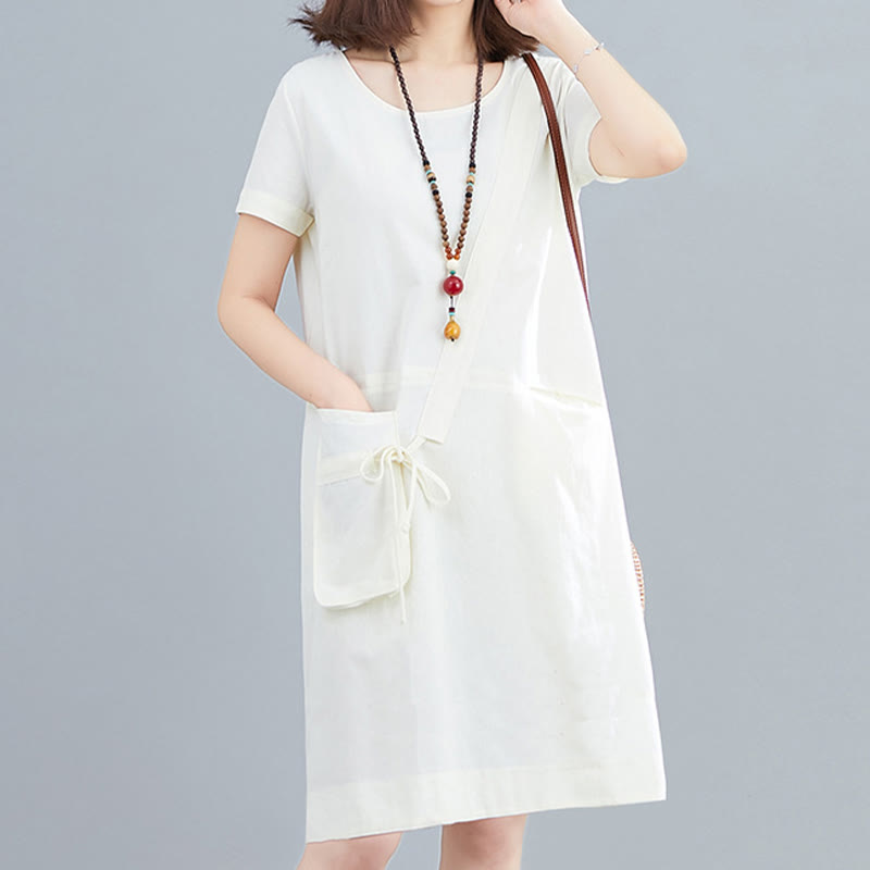 Buddha Stones Summer Casual Plain Lace-Up Design Crew Neck Short Sleeve Cotton Linen Midi Dress With Pockets - image 1
