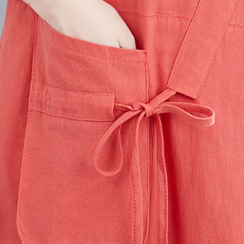 Buddha Stones Summer Casual Plain Lace-Up Design Crew Neck Short Sleeve Cotton Linen Midi Dress With Pockets - image 14