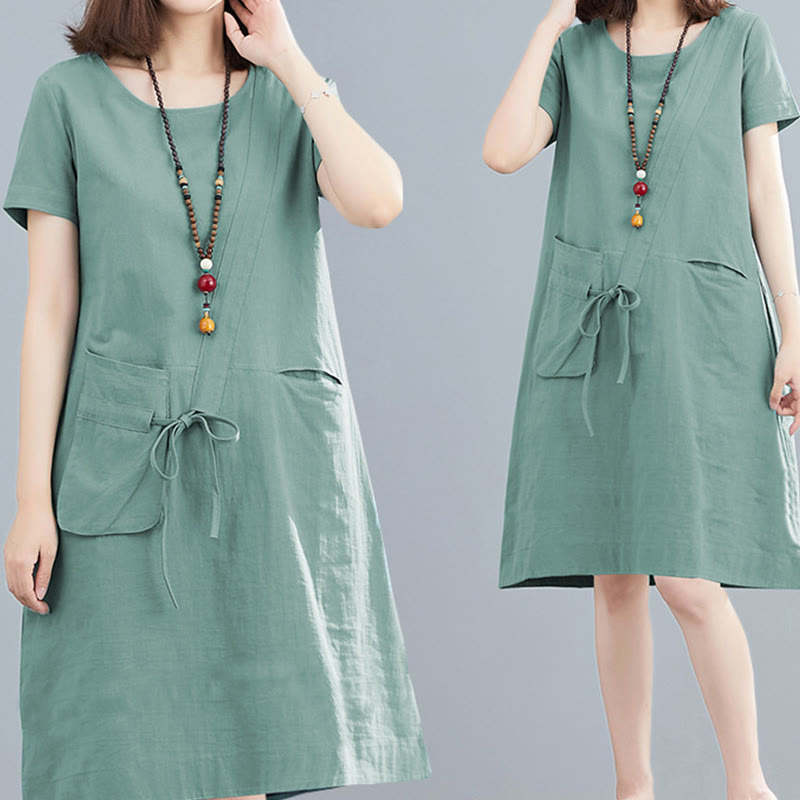 Buddha Stones Summer Casual Plain Lace-Up Design Crew Neck Short Sleeve Cotton Linen Midi Dress With Pockets - image 20