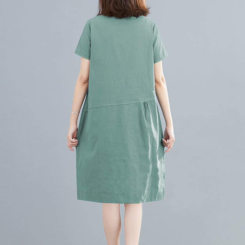 Buddha Stones Summer Casual Plain Lace-Up Design Crew Neck Short Sleeve Cotton Linen Midi Dress With Pockets - image 19