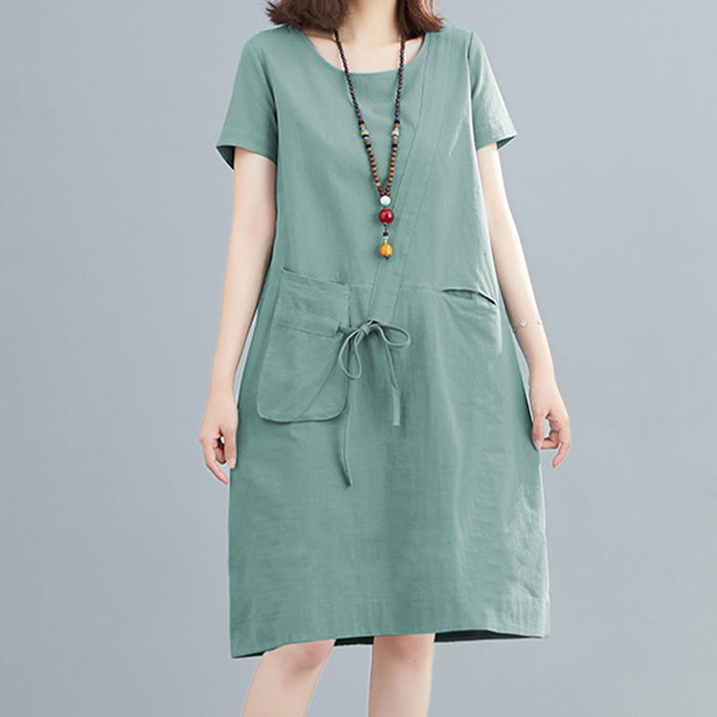 Buddha Stones Summer Casual Plain Lace-Up Design Crew Neck Short Sleeve Cotton Linen Midi Dress With Pockets - image 17