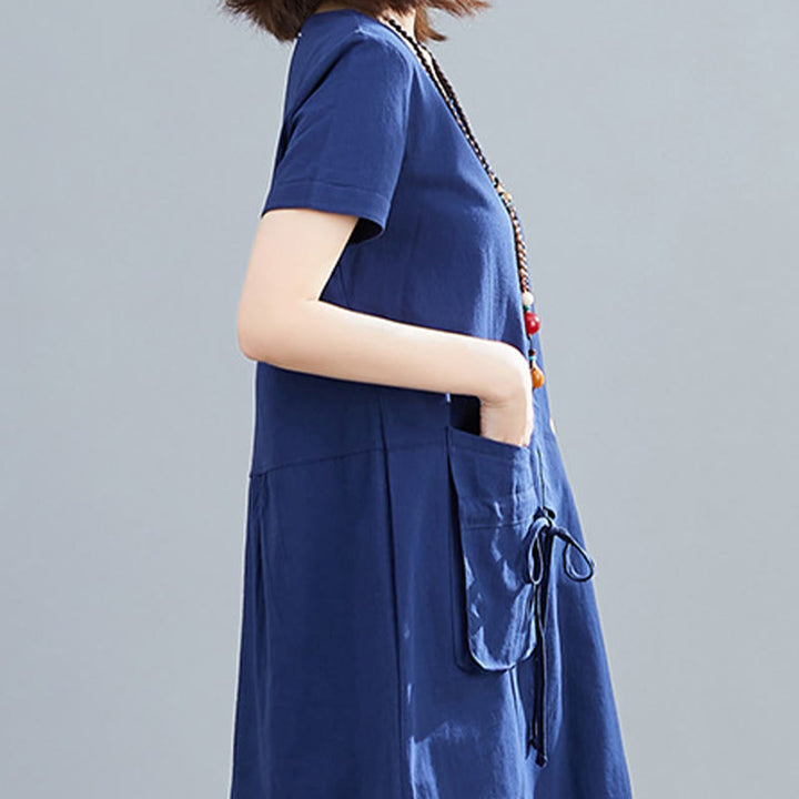 Buddha Stones Summer Casual Plain Lace-Up Design Crew Neck Short Sleeve Cotton Linen Midi Dress With Pockets - image 23