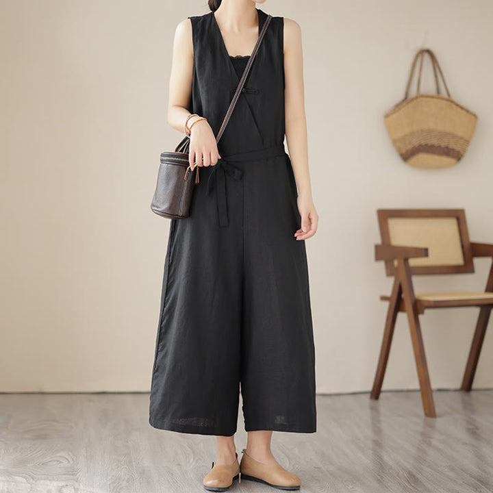 Buddha Stones Casual Lace-Up Simple Sleeveless Design Women's Cotton Linen Jumpsuit With Pockets - image 17