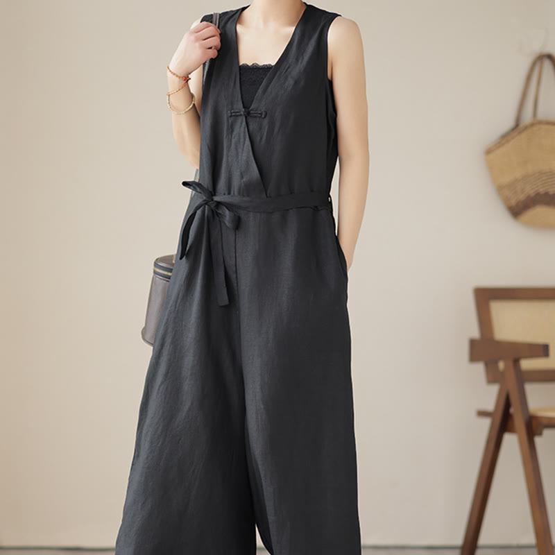 Buddha Stones Casual Lace-Up Simple Sleeveless Design Women's Cotton Linen Jumpsuit With Pockets - image 19