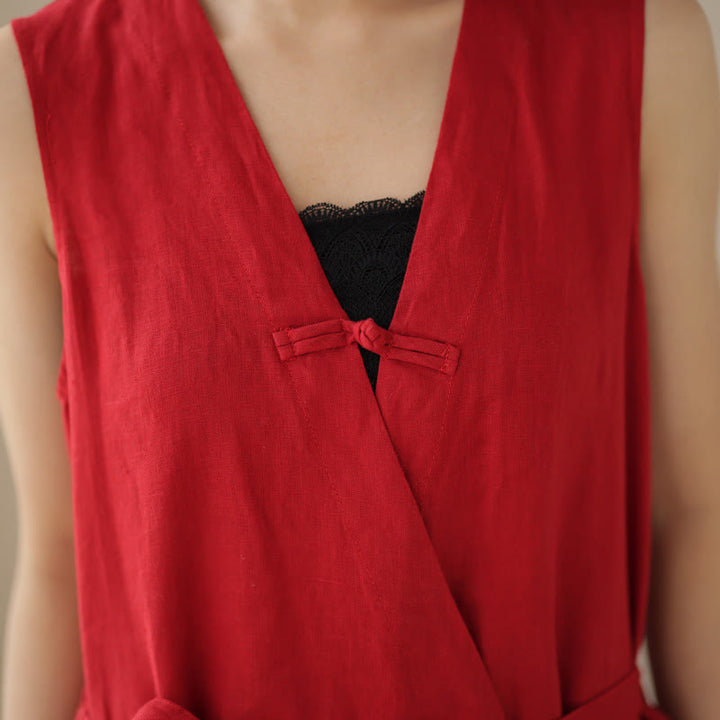 Buddha Stones Casual Lace-Up Simple Sleeveless Design Women's Cotton Linen Jumpsuit With Pockets - image 13