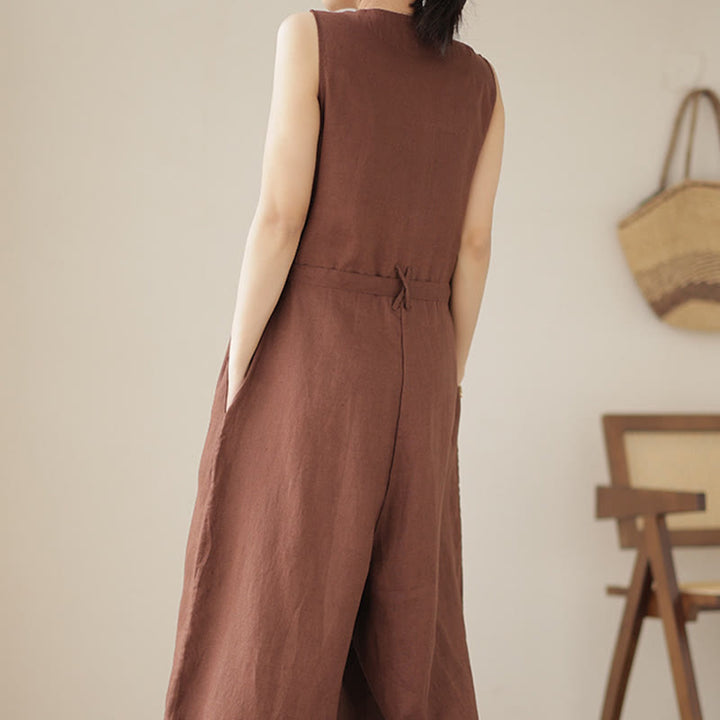 Buddha Stones Casual Lace-Up Simple Sleeveless Design Women's Cotton Linen Jumpsuit With Pockets - image 4