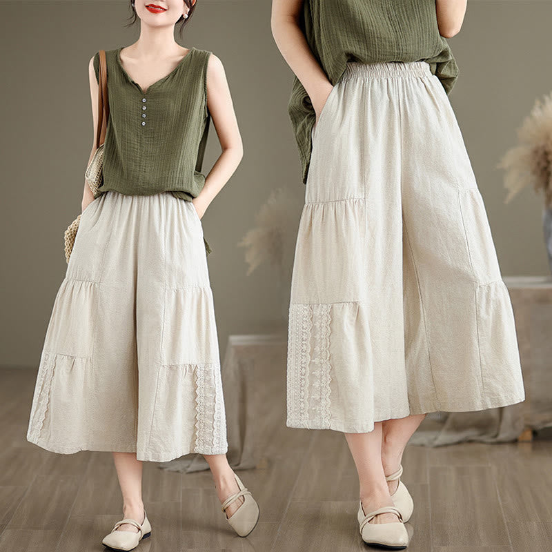 Buddha Stones Casual Plain Lace Splicing Cotton Linen Women's Cropped Wide Leg Pants With Pockets - image 10